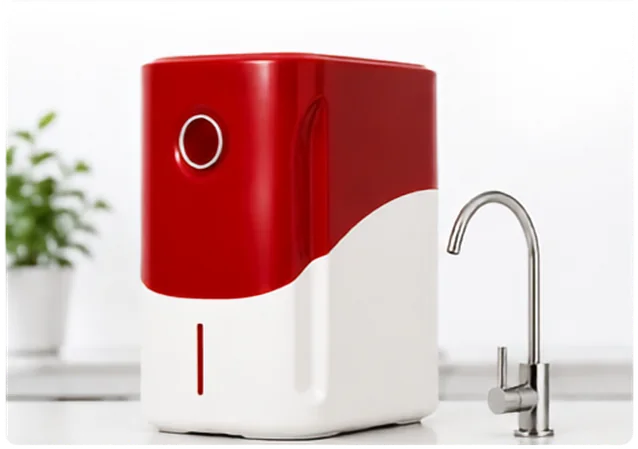 Equipo compacto de ósmosis inversa en rojo y blanco junto a su grifo, en una cocina