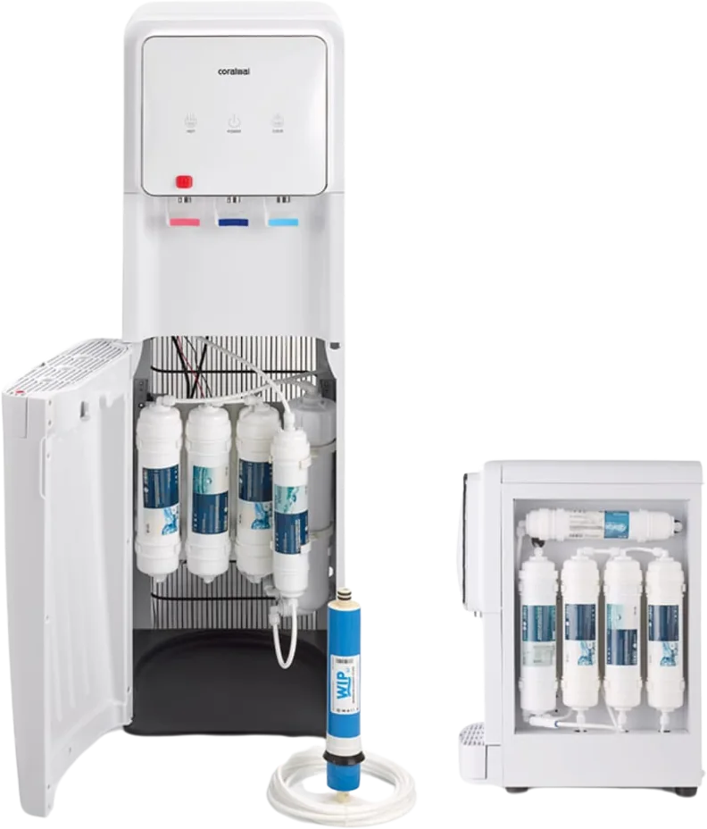 Dispensador de agua abierto que muestra los filtros de ósmosis integrados, en versión de pie y de sobremesa