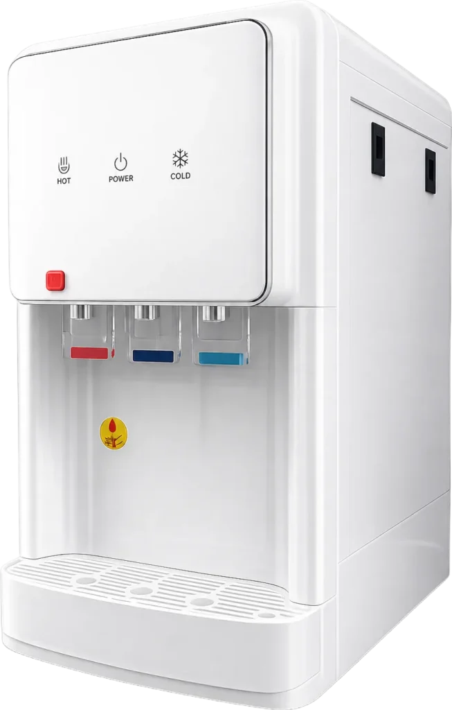 Dispensador de agua de sobremesa en blanco, con tres salidas de agua