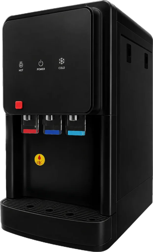 Dispensador de agua de sobremesa en negro, con tres salidas de agua