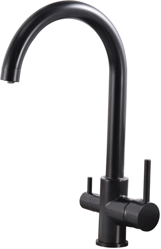 Grifo de cocina de tres vías de caño curvo, en negro
