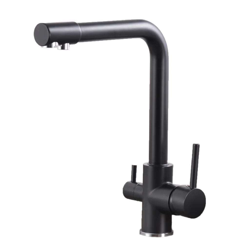 Grifo de cocina de tres vías de caño recto, en negro