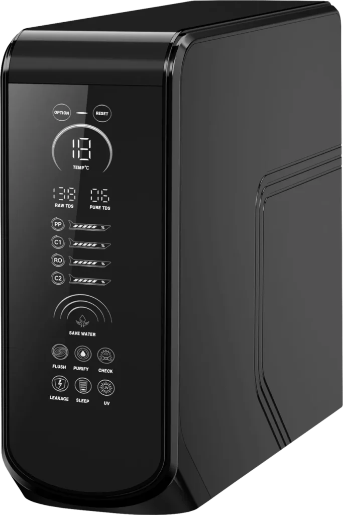 Equipo de ósmosis inversa de flujo directo en negro, con panel de control vertical